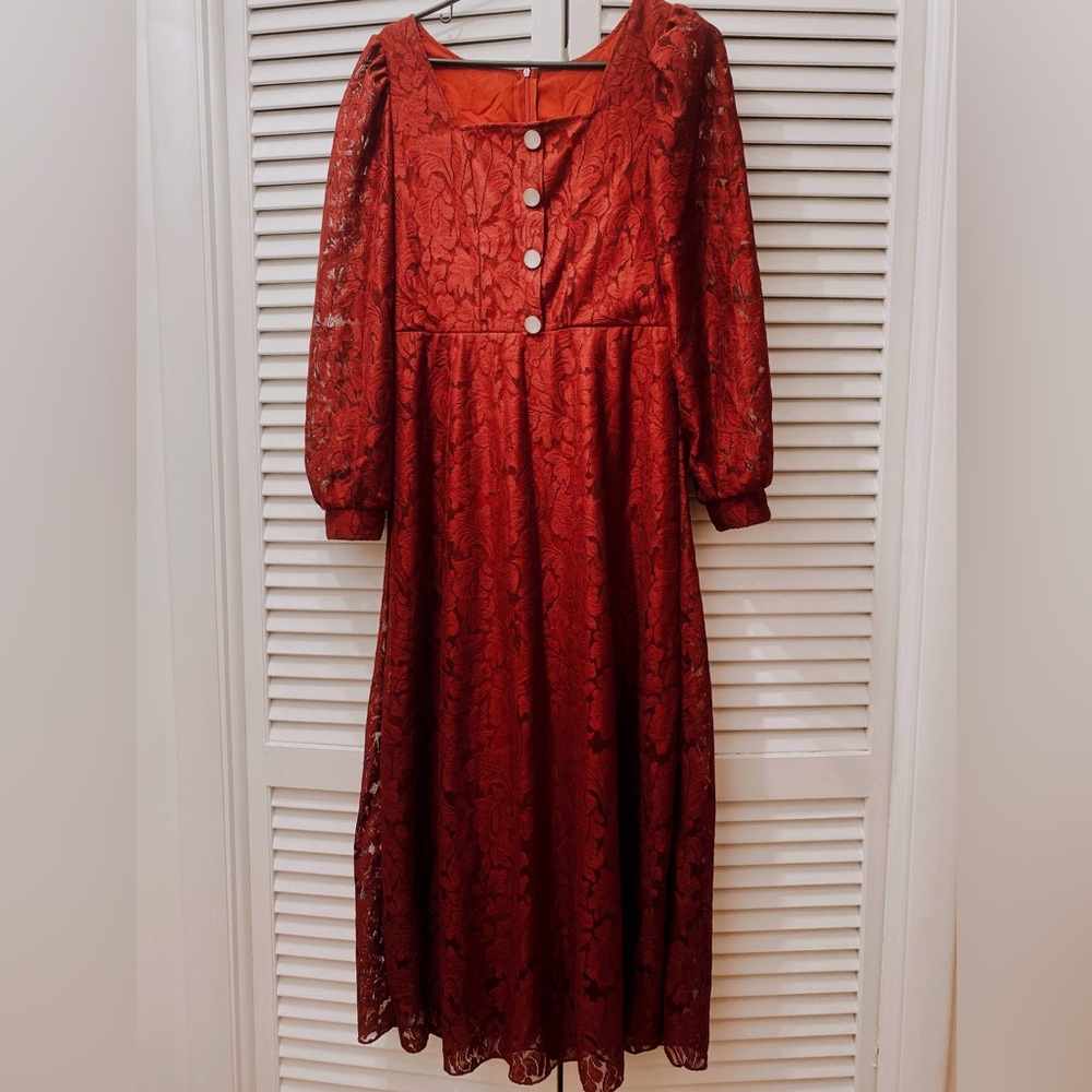 Long Neck Puff Sleeve Lace Dress | fit to Small medium | mix of Burgundy & red